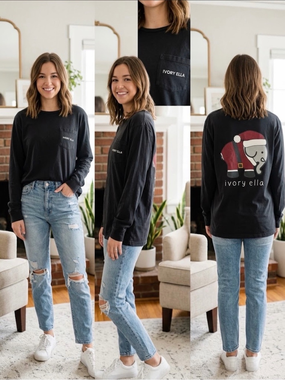 Ivory Ella Santa Elephant Christmas Black Long Sleeve Organic Cotton XL